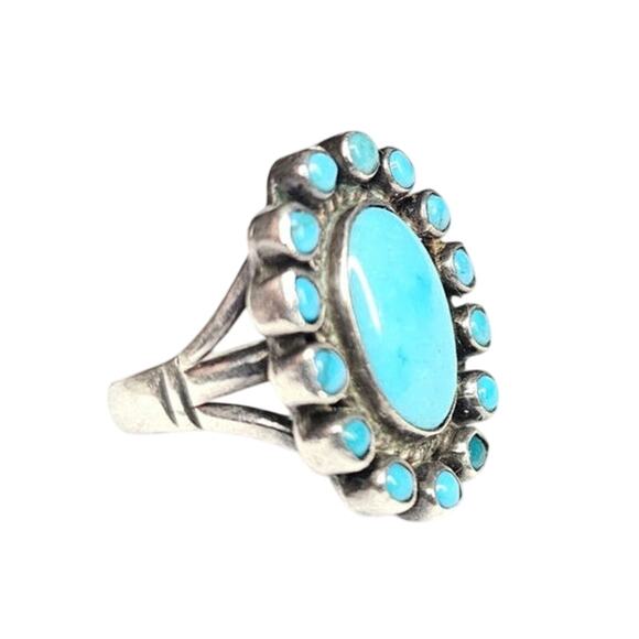 Vintage Zuni Turquoise Snake Eye and Cluster Sterling Silver Ring - Picture 2 of 5